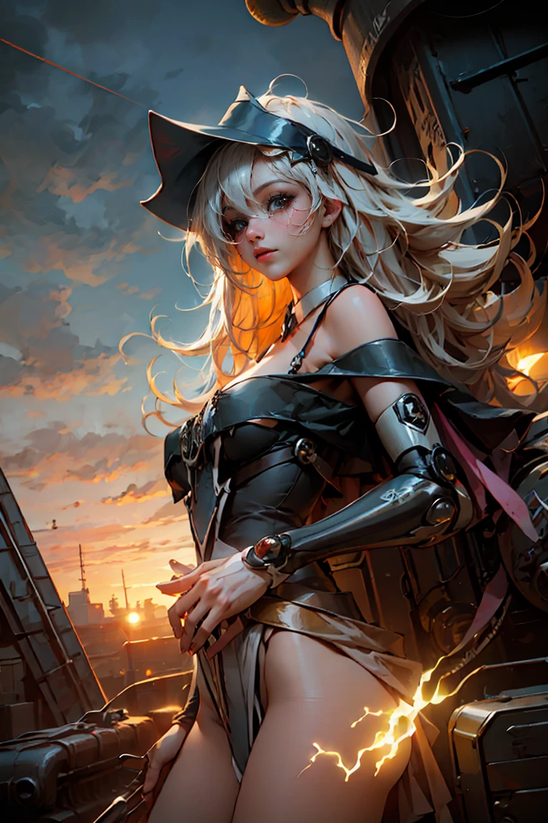 Masterpiece, The best quality,
1Girl Dark Wizard Gils, only, long hair, blond hair, photorealistic, 
(Beautiful finely detailed eyes: 1.2),open clothing, bright Eyes, shiny hair, Glossy skin, Metal construction, wires and cables, (bright Eyes), (mechanical arms), Science fiction,(Large mecha arm),cowboy shot, energy tank,