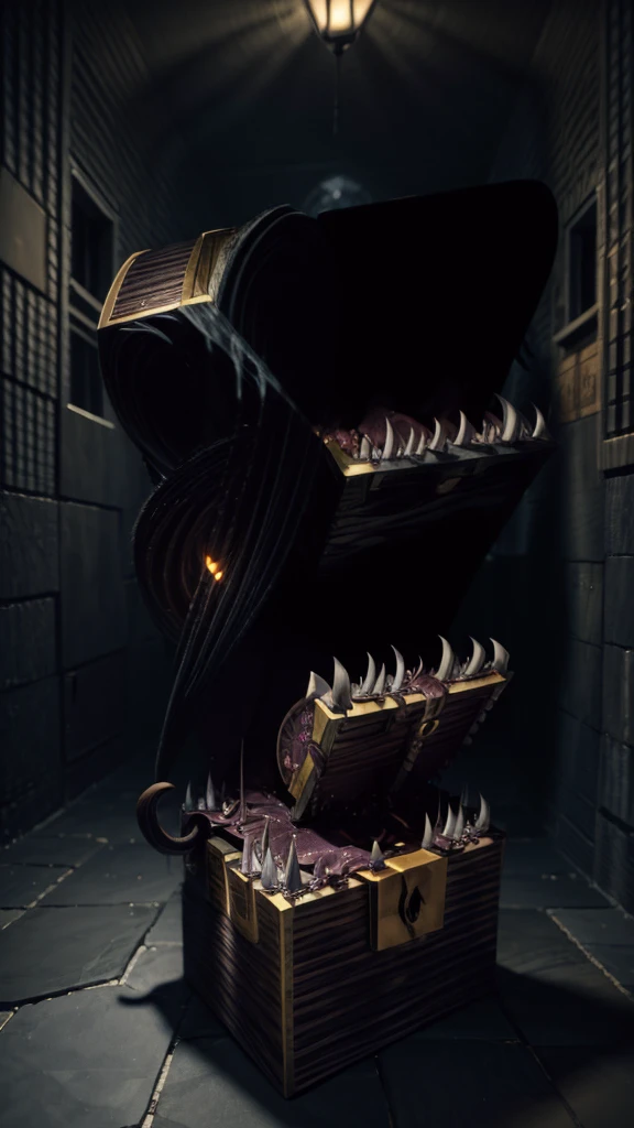 Create a highly detailed and terrifying image of a Mimic chest monster. The Mimic should resemble a traditional treasure chest at first glance, with ornate woodwork and metal reinforcements. However, the chest should be partially open, revealing sharp, menacing teeth lining the inside of the lid. The lid should be split into a monstrous mouth, with a long, slimy tongue lashing out. The eyes of the Mimic should be glowing ominously, either embedded in the wood or appearing on the lid, giving it a menacing, predatory look.

The setting should be a dimly lit dungeon with cobblestone floors and walls. Scatter gold coins, jewels, and other treasures around the Mimic to emphasize the trap. Add eerie lighting and shadows to enhance the creepy and dangerous atmosphere. Ensure there are no humans or human-like figures in the image. The overall scene should evoke a sense of dread and caution, capturing the essence of a Mimic ready to strike at unsuspecting adventurers.Nothing in the chest monster