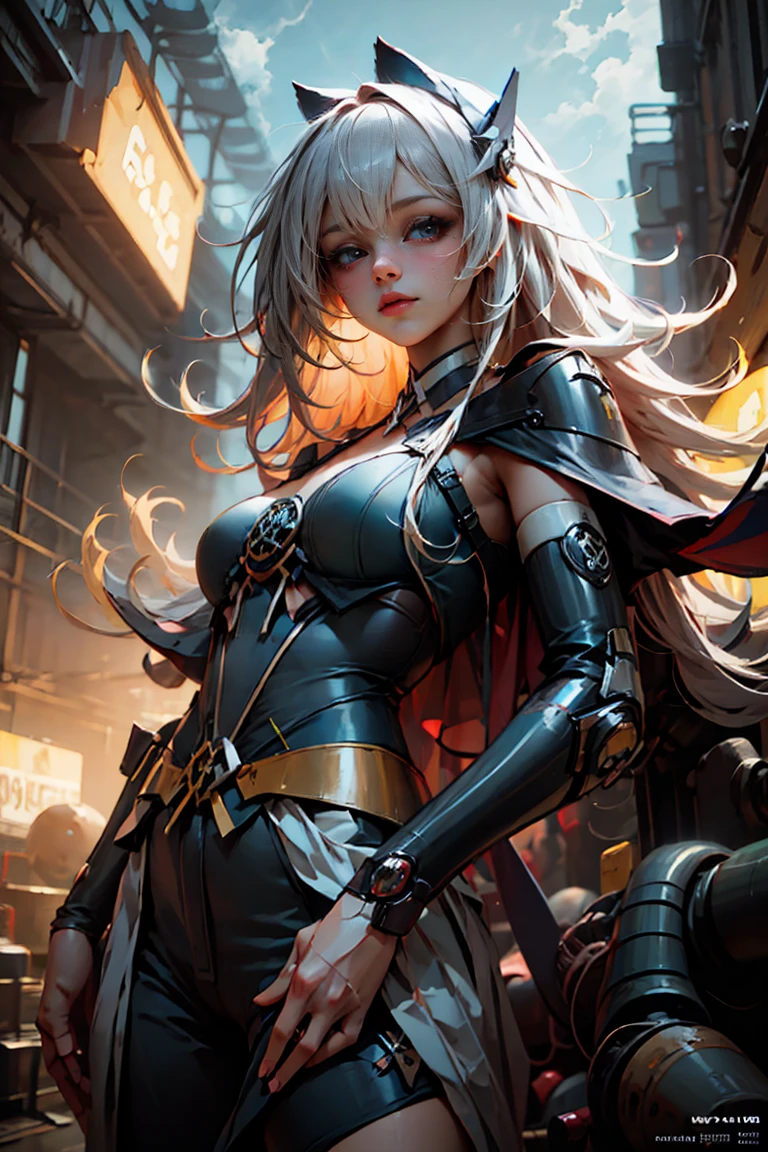 Masterpiece, The best quality,
1Girl Dark Wizard Gils, only, long hair, blond hair, photorealistic, 
(Beautiful finely detailed eyes: 1.2),open clothing, bright Eyes, shiny hair, Glossy skin, Metal construction, wires and cables, (bright Eyes), (mechanical arms), Science fiction,(Large mecha arm),cowboy shot, energy tank,