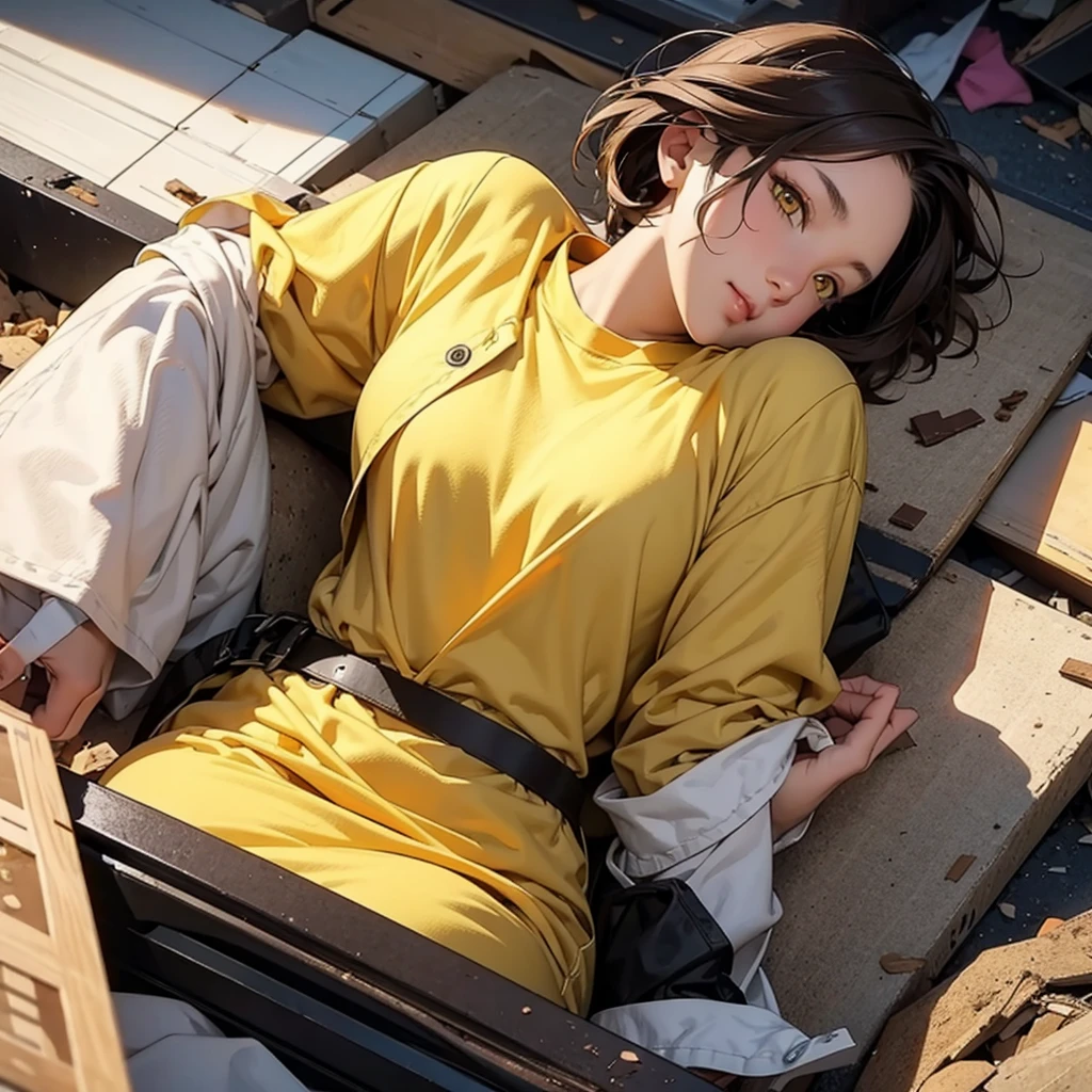 humanoid waifu girl, short brown hair, yellow eyes, lying broken in a pile of trash