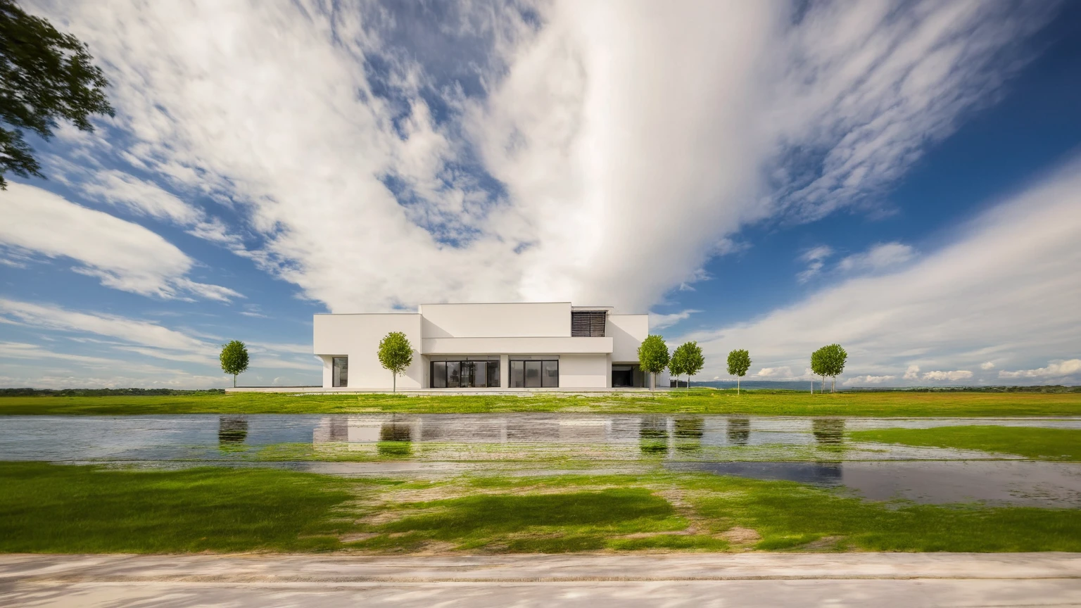 Raw photo,Masterpiece, high quality, best quality, authentic, super detail,
outdoors, house style modern,bietthuhn, white wall, glass windows, gate
road,pavement, grass, trees, sky, cloud, (day:1.1),