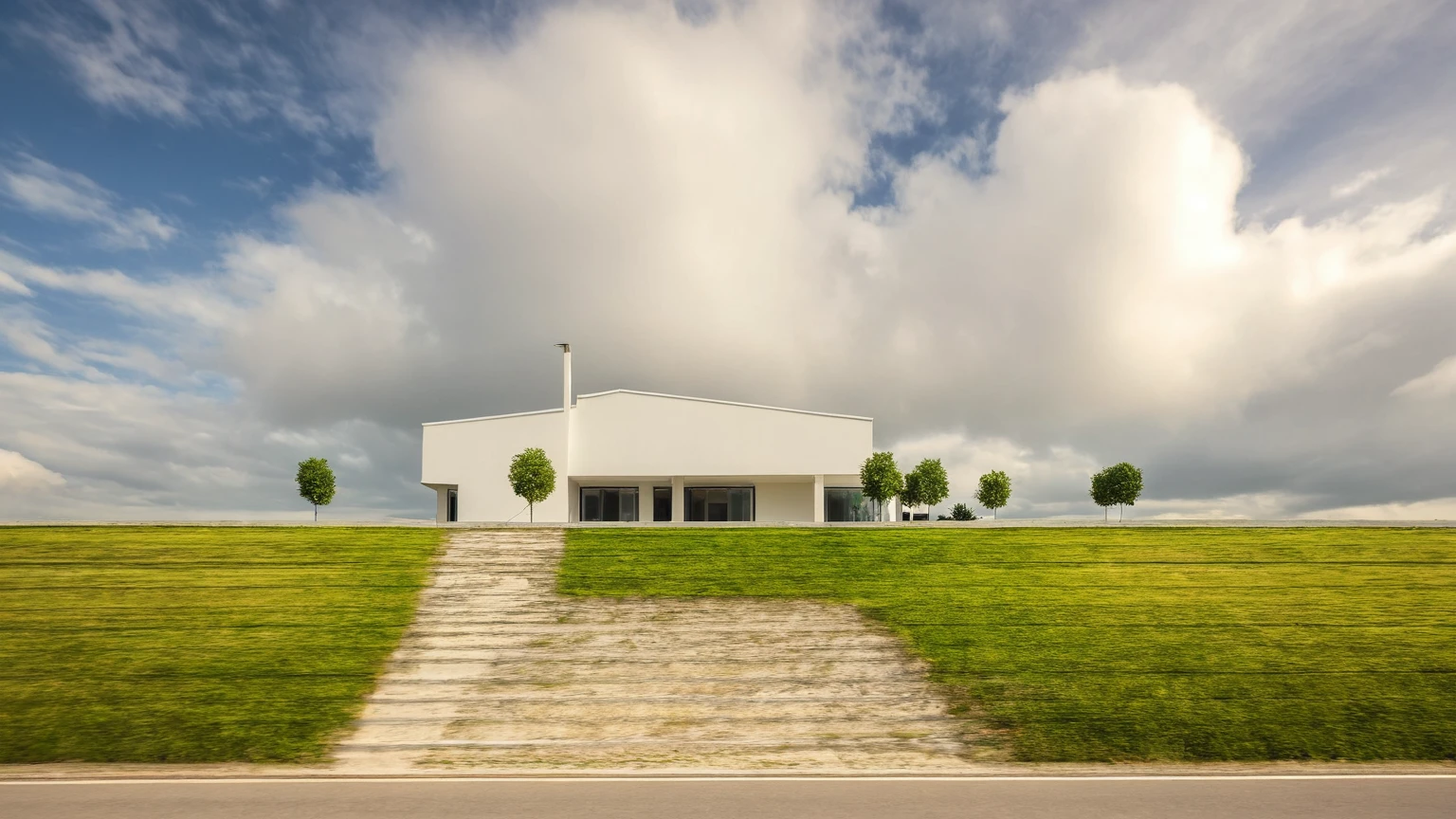 Raw photo,Masterpiece, high quality, best quality, authentic, super detail,
outdoors, house style modern,bietthuhn, white wall, glass windows, gate
road,pavement, grass, trees, sky, cloud, (day:1.1),
