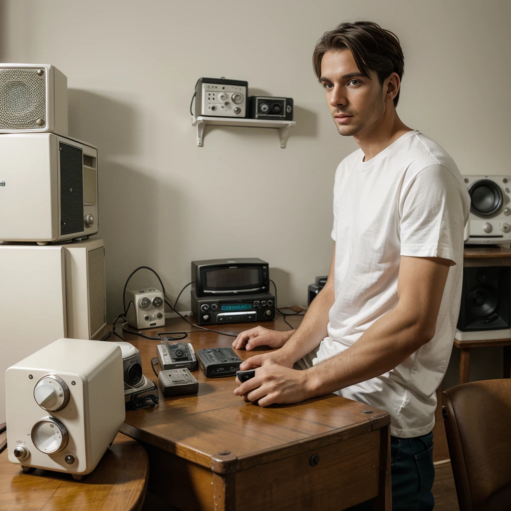 Man 30 years old listen the radio, sitting with hands Cross chest, round desk, old radio on table, wearing white t-shirts, vintage house background,