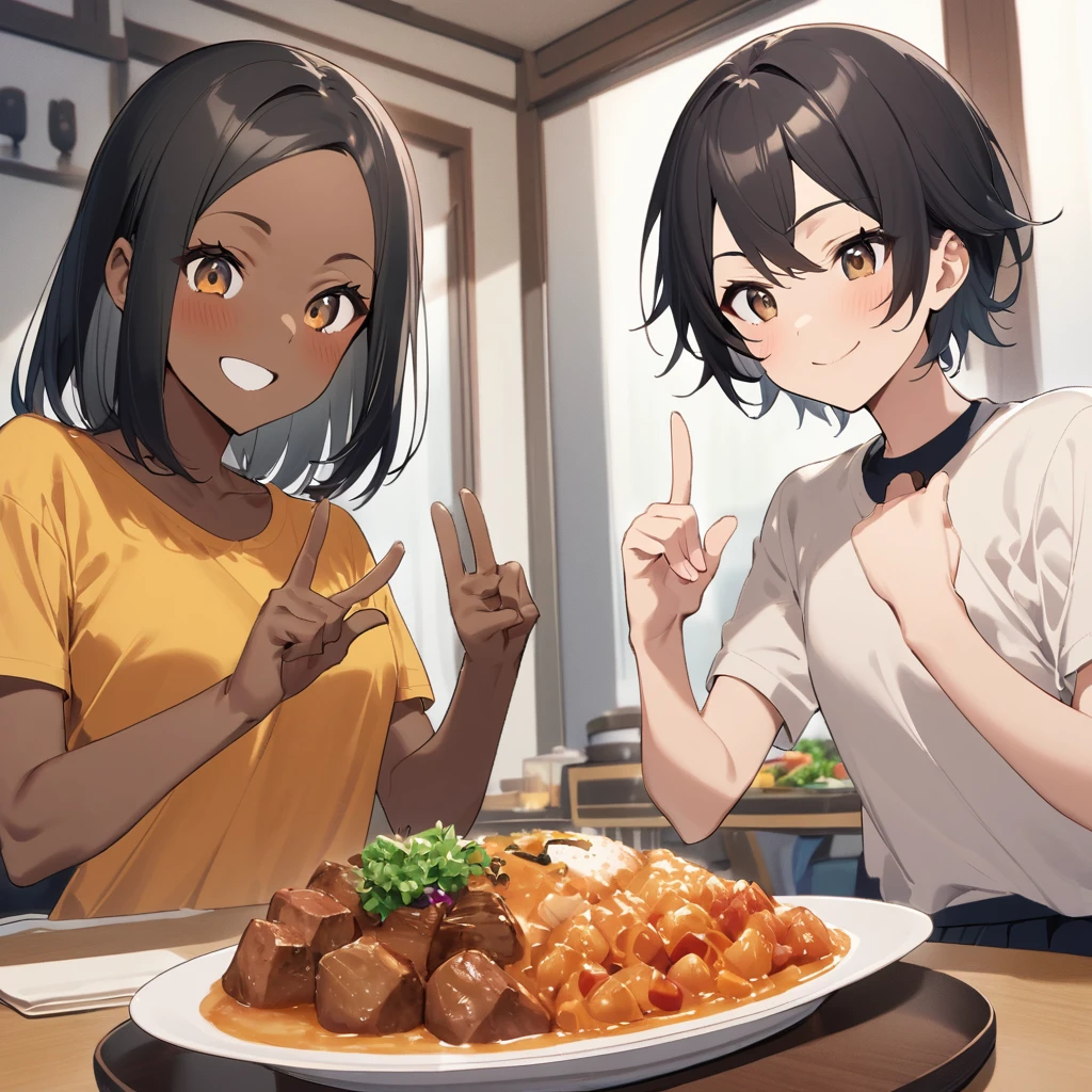 A confident smile, 楽しくmealをしている,短いBlack Hair, Brown eyes,Brown Skin,two students demonstrating a gesture commonly associated with a peace sign while speaking by tele食堂, skirt, Black Hair, indoor, meal, shirt, ((((complete fiでe fingers))))