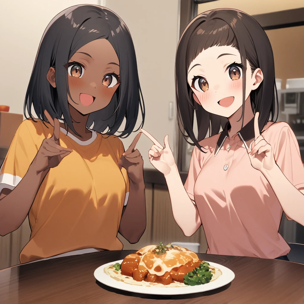 A confident smile, 楽しくmealをしている,短いBlack Hair, Brown eyes,Brown Skin,two students demonstrating a gesture commonly associated with a peace sign while speaking by tele食堂, skirt, Black Hair, indoor, meal, shirt, ((((complete fiでe fingers))))