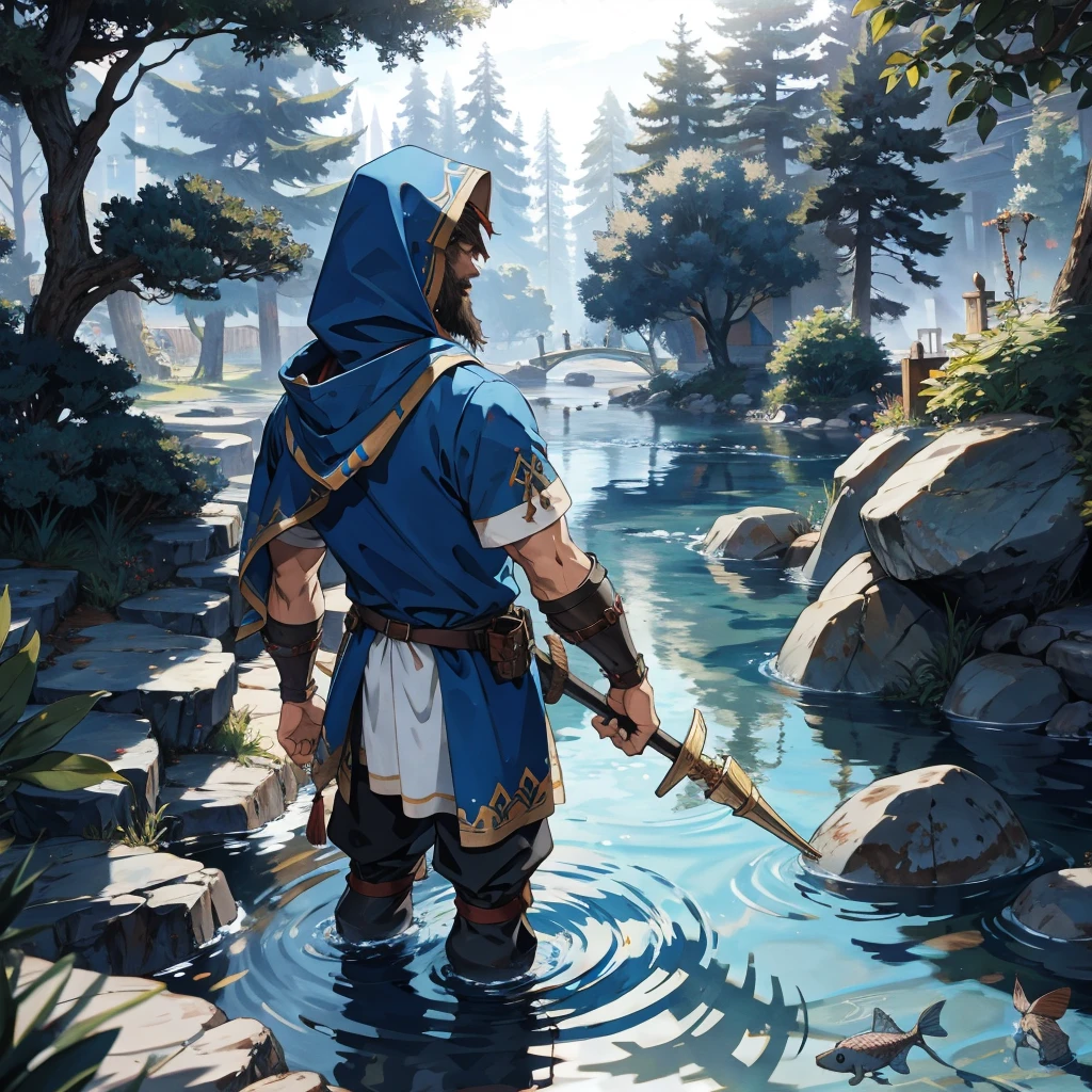 back view water dwarf in the river with medieval adventurer outfit hood