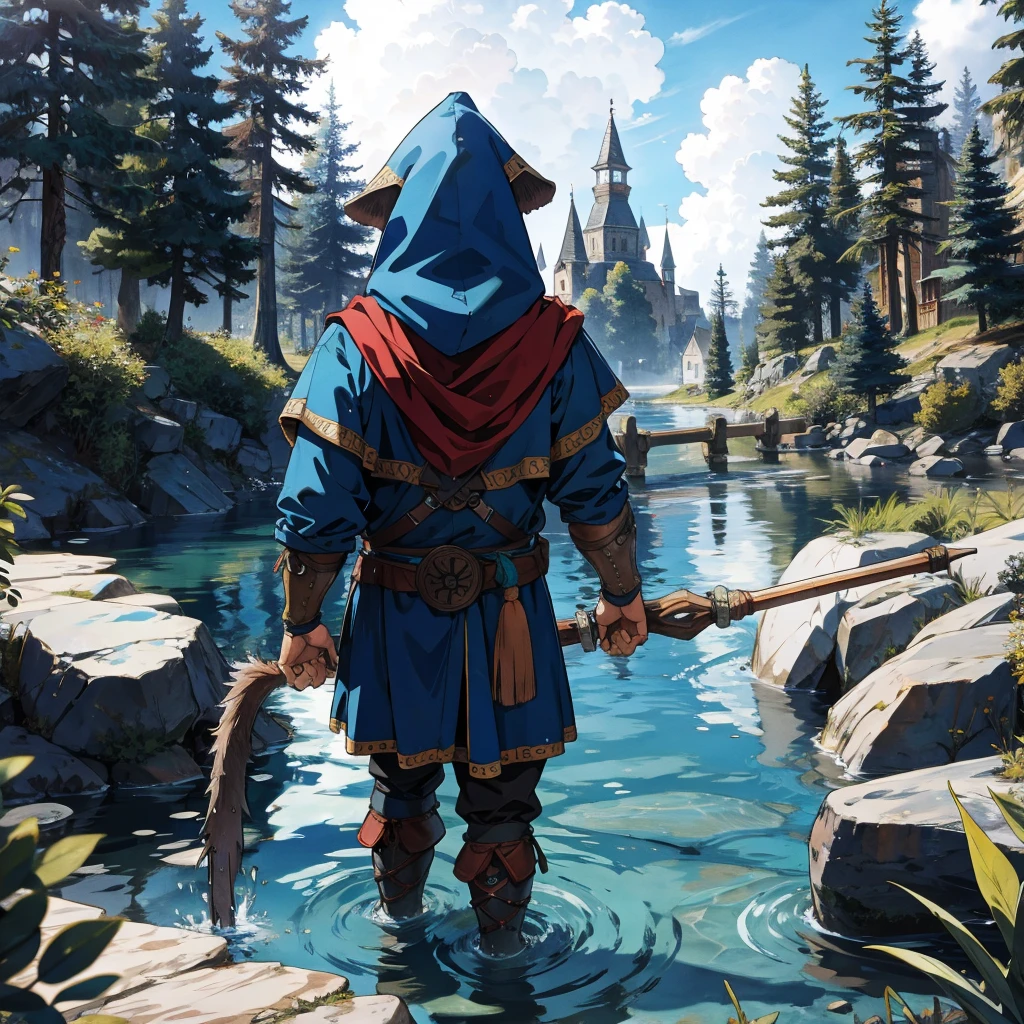 back view water dwarf in the river with medieval adventurer outfit hood