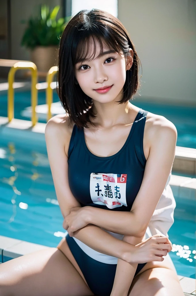 8K、High definition、Ultra Detail、photoReal、Realistic and accurate depiction、Realistic and accurate human anatomy、High resolution、Highest quality、Real、photo、pores、High quality、Japanese女子、distinct、Accuracy、Japanese、High school girls 、beautiful girl、15 years old、Black Hair、Random short hairstyles、Slender girl、 Competitive swimming pool、High leg swimsuit、Competitive swimming suits 、 A refreshing smile、Japanese School Swimsuit、cute、Active、Wet hair with water、A mischievous smile、High cut swimsuit、slender、Swimming Club、Swimming Club、Daily student life、Boyish Girl、School Indoor Pool