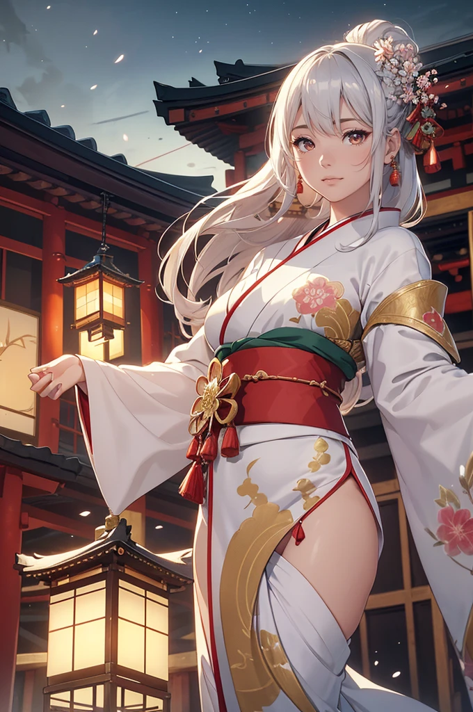 
1woman, (((fullbody image))), red kimono with intricate golden embroidery and delicate silver thread, ((((flying)))), (((((flying over traditional Japanese houses with curved tiled roofs and intricate wooden architecture))))), huge flowing hair adorned with cherry blossom flowers and jade hairpins, (best quality:1.5), (4k, 8k, highres, masterpiece:1.5), ultra-detailed, (realistic, photorealistic:1.4), detailed face with flawless porcelain skin, beautiful almond-shaped eyes with long eyelashes, elegant and graceful pose with arms outstretched, intricate kimono patterns with floral and geometric designs in shades of red, gold, and silver, flowing hair with individual strands visible, dramatic lighting casting soft, ethereal shadows, cinematic composition with dynamic and sweeping angles, vibrant colors with rich reds, golds, and subtle hints of silver and green, fantasy, digital art, misty background with cherry blossom trees in full bloom, delicate petals floating in the air, serene and tranquil atmosphere, subtle wind effect on clothing and hair, glowing lanterns hanging from the houses below, soft moonlight illuminating the scene, gently rippling river reflecting the night sky, scattered clouds partially obscuring a full moon, soft glow around the woman adding a mystical aura, elegant hand gestures, serene and confident expression, delicate jewelry with jade and pearls, softly illuminated by the moonlight, presence of small, ethereal fireflies adding a touch of magic, soft gradient in the sky from deep blue to a starry night, intricate details in the kimono's hem and sleeves, slight motion blur on the edges of the flowing fabric to imply movement, faint music notes visible around the woman as if carried by the wind, harmonious and balanced composition emphasizing beauty and elegance, background elements like traditional stone lanterns and bonsai trees for added authenticity, subtle texture on the kimono fabric for a tactile impression, gentle blush on cheeks