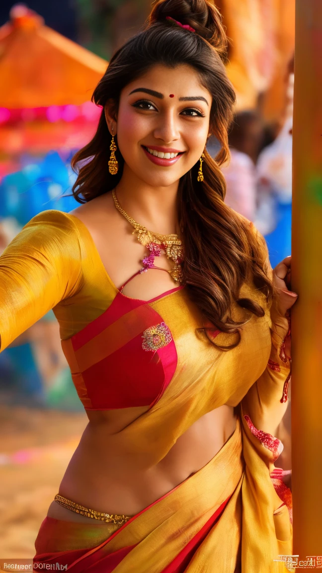 Outdoor image of 21yo in school school photo in school masterpiece, (photorealistic:1.7), best quality, beautiful lighting, Eleanor Latino Woman 20yo Old Big Breasts Plus Size Model random colour beautiful eyes extremely high Bun long extreme curly hair Lifts wearing Indian flowers ethnic enegance princess transparentsalwar kameez. Flowers on hair (Persian princess)),off shoulder ,bra, big wearing flower tiara on the head,from top view, (selfie), extreme close up photo of curvy Latina indian, hourglass figure, swooping breasts, sexy armpits, seducing on mountains, French braid hair, necklace, sultry, winking at viewer annoyingly, reddish pink lace bra and saree, night, (cinematic:1.3), intricate details, (Art Station:1.2),Tamil pretty girl, ultra realistic skin (best picture quality,4k,8k,high-definition,masterpiece:1.2),Ultra-detailed,(lifelike,lifelike,lifelike:1.37)。Indian festivaledium size breast, visible cleavage, indian traditional dress, visible cleavage, paint festival,holi paint:1.37.beautiful Indian girl,Colorful paint on face,Holi festival, brown eyes,exquisite gold jewelry,happy,long wavy brown hairs, hapiness,Contagious smile,Colorful indian saree costumes,colored nails,Holi paint on body,Splashes of colorful paint at events,holi celebration background,Color spray painting,Energetic movement,Dynamic and powerful abstract art,rich colors,propylene,Vivid rainbow hues,hapiness lively atmosphere,bright orange,Pink,Whimsical and dreamy,Spontaneous splashing,bold color contrast。hair bun