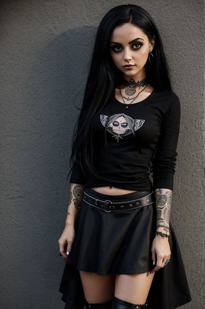 can you create me a picture of a gore doll, who has tattoos, sea sexy, have a nose ring, have dark skin with big eyes, that is skinny and wears black clothing , with shirt, a skirt and sexy boots