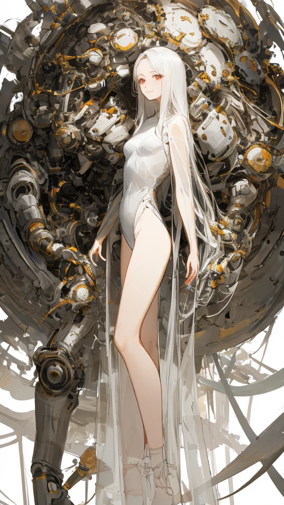 masterpiece， Highest quality， Observe the audience， length Hair， Fresh， （Wavy Hair：0.7），
White Theme， （（（（Gray ruins，）））），Human whole body，See-through leotard，Front view，Golden Eyes，Bright Eyes，length, Pure white straight hair，Small breasts、A light smile，（Full Shot），Ultra-high resolution，Accurate，Very detailed，Awards，Attention to detail，Highest quality，8K、High Leg、mysterious、Quiet abandoned cityscape、mechanical