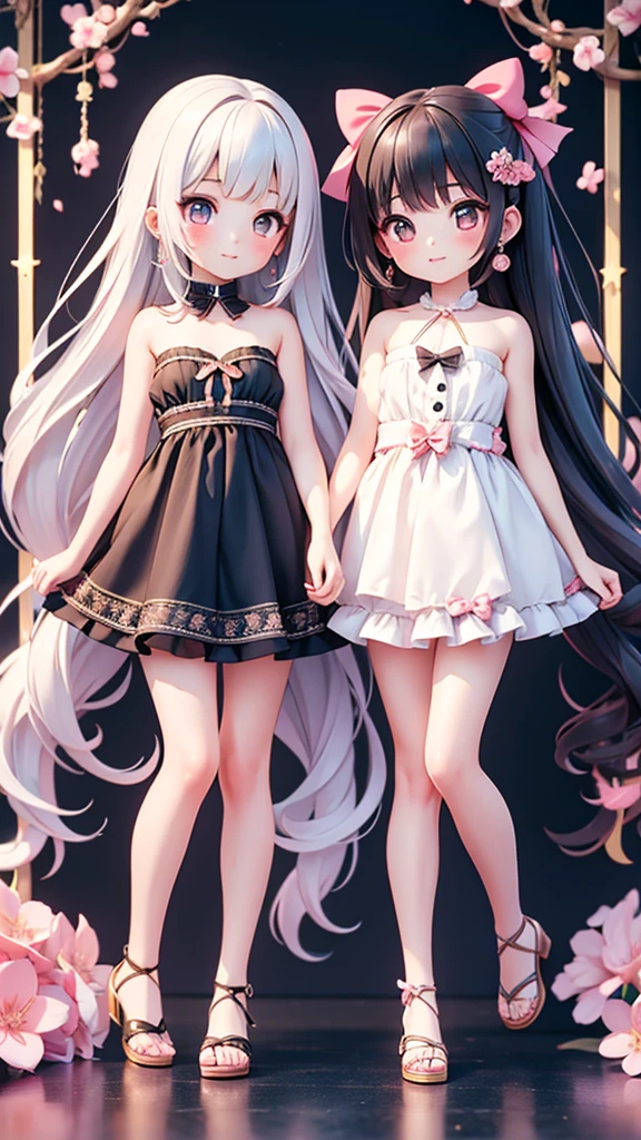 (((bishojo, two girls))), ((kawaii  face)), ((kawaii  eyes)), (masterpiece), (top quality), (hyper detailed), (exquisite), (depth), (crisp), (8k), (beautiful and aesthetic), (super detailed skin), (high standard), (high resolution), (perfect anatomy), ((full body)), (blush), (bare foot), (bow in hair), (arm pits), (blunt bangs), (earrings), (strapless sleeveless dress), (summer coast), ((yuri))
