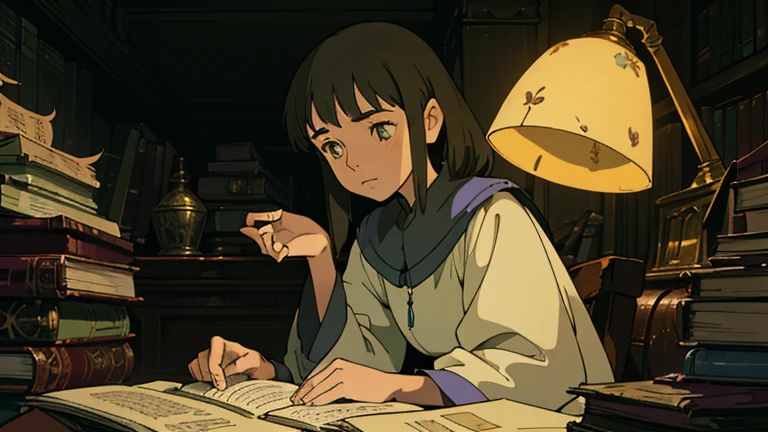 A girl, ensconced in a cozy corner on a rainy evening, sits surrounded by a jumble of books with an intensely profound study attitude. The soft yellow glow of the desk lamp illuminates her thoughtful expression, revealing her deep concentration and composed posture. Her inquisitive eyes dart back and forth between the pages, her nimble fingers turning them with subtle tilt, as she absorbs the old world wisdom contained within. The timeworn margins and sultry aura of the books add to the quiet night ambiance, creating a peaceful and tranquil countenance. This scholarly young woman, clad in plain attire, appears to be a seeker of knowledge and intellect,Width cat