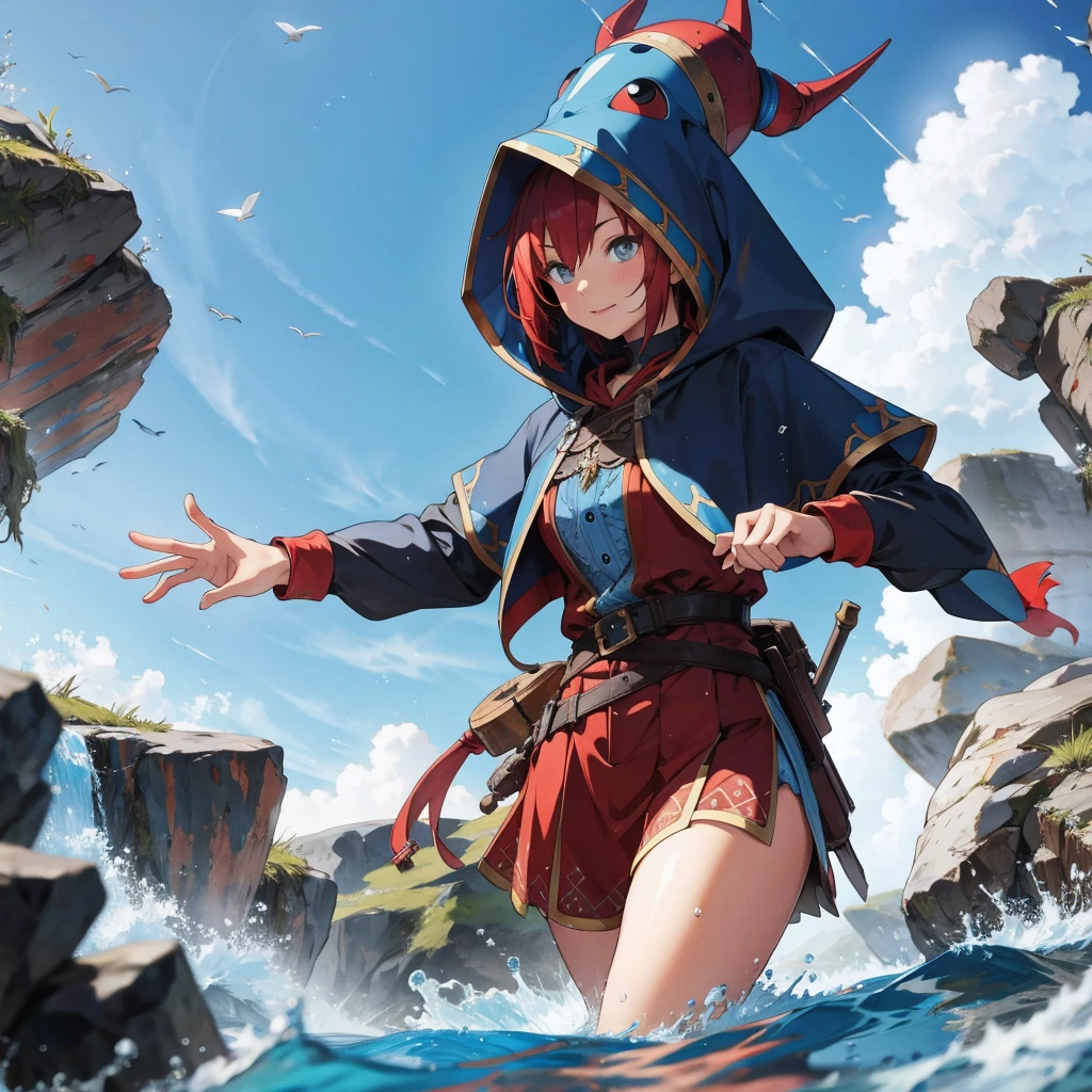 female water dwarf in the river with medieval adventurer outfit hood