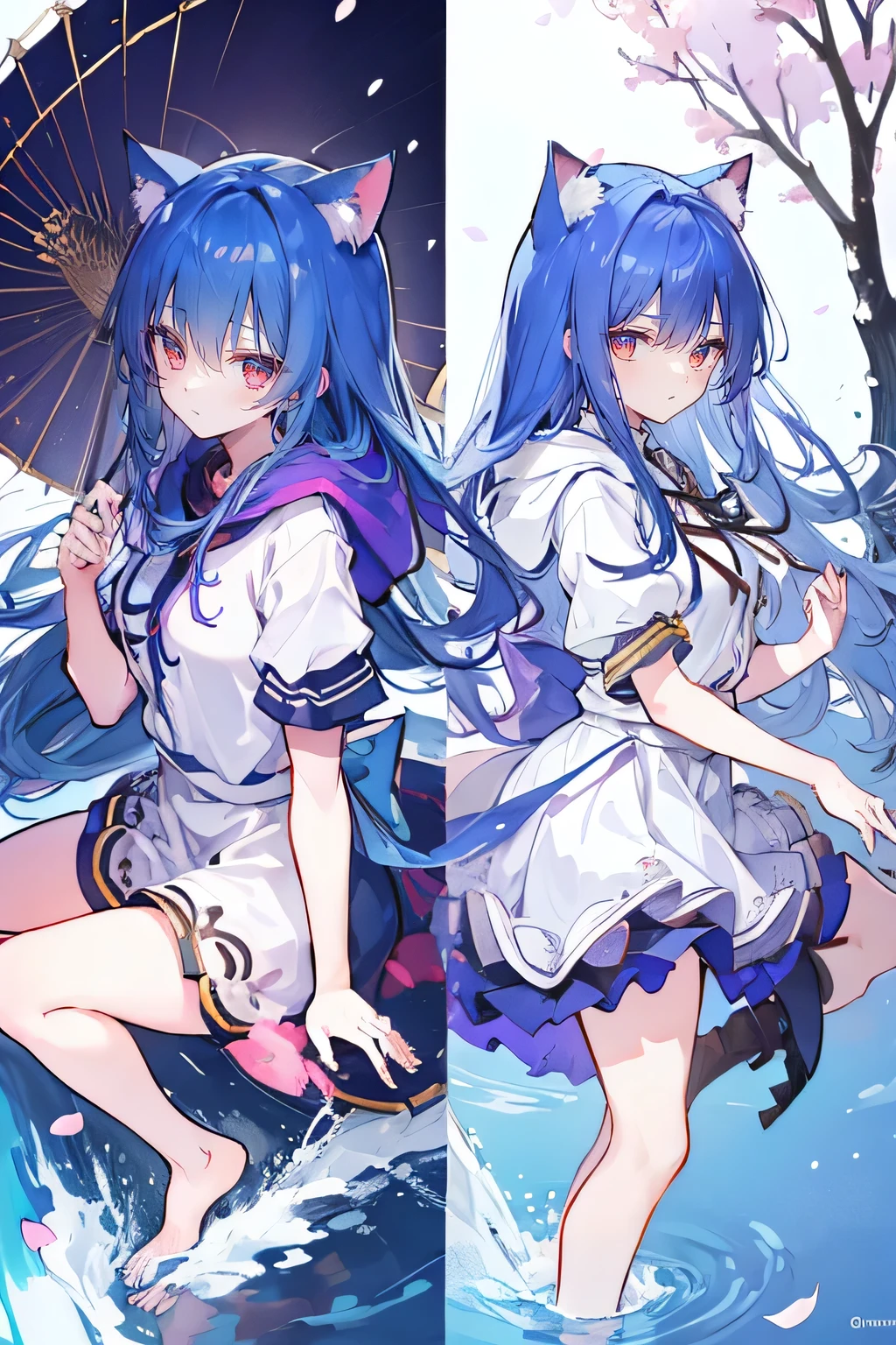 （masterpiece：1.2），Super detailed，lifelike，Expressive eyes，fair skin，perfect face shape，1 girl，
Japanese comics,Gorgeous blue hair,flowing blue hair,flowing clothes,Cat ears,Petals fall,beautiful lola,Baby Angel,
Shaking head with one hand，Cross your legs，Gentle and peaceful background，The pavilion is cool and comfortable,smile, wearing hoodie, background of tokyo,back views,snowing, winter,lie on the water. 