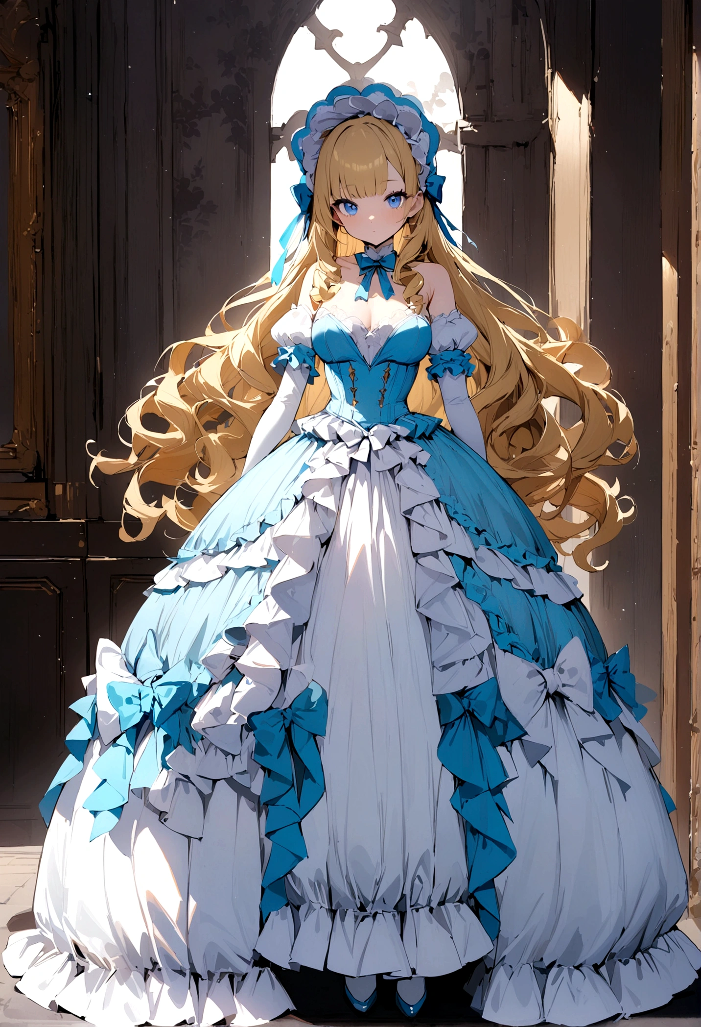 Curls,blonde hair,blue eyes,long eyelashes,victorian big puffy ballgown,short puffy sleeves,frilly,elbow gloves,long hair,fringe bangs,side curls,fullbody,standing,masterpiece,puffy skirt,highres,big puffy light blue ballgown,bows on the skirt,white puffy sleeves,fullbody,ballgown+,looking at viewer+,blonde hair,layered dress,lace-trimmed dress,bodice,highres,1girl,masterpiece
highres,bonnet,light blue dress,