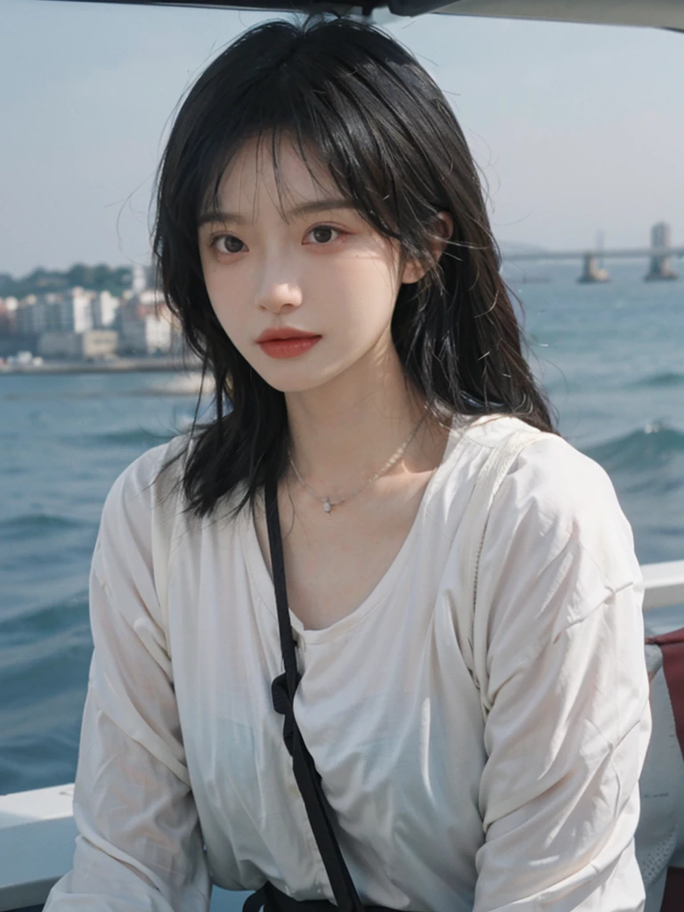 Film portrait photography, 1girls, Lipstick, （big chest：1.2）, Wear a necklace, Cute expression, Exquisite makeup, black suspenders, serene, calm, (Realistic and detailed eyes, Natural skin texture, Realistic facial details), Soft dramatic lighting, Vibrant details, Detailed and detailed, Surreal, 35mm film, hazy, outdoor, Seaside background, seaside, Depth of Field, Bokeh