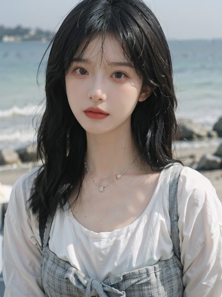 Film portrait photography, 1girls, Lipstick, (big chest:1.2), Wear a necklace, Cute expression, Exquisite makeup, black suspenders, serene, calm, (Realistic and detailed eyes, Natural skin texture, Realistic facial details), Soft dramatic lighting, Vibrant details, Detailed and detailed, Surreal, 35mm film, hazy, outdoor, Seaside background, seaside, Depth of Field, Bokeh