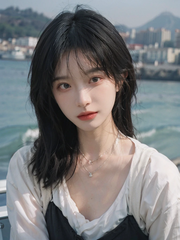 Film portrait photography, 1girls, Lipstick, (big chest:1.2), Wear a necklace, Cute expression, Exquisite makeup, black suspenders, serene, calm, (Realistic and detailed eyes, Natural skin texture, Realistic facial details), Soft dramatic lighting, Vibrant details, Detailed and detailed, Surreal, 35mm film, hazy, outdoor, Seaside background, seaside, Depth of Field, Bokeh