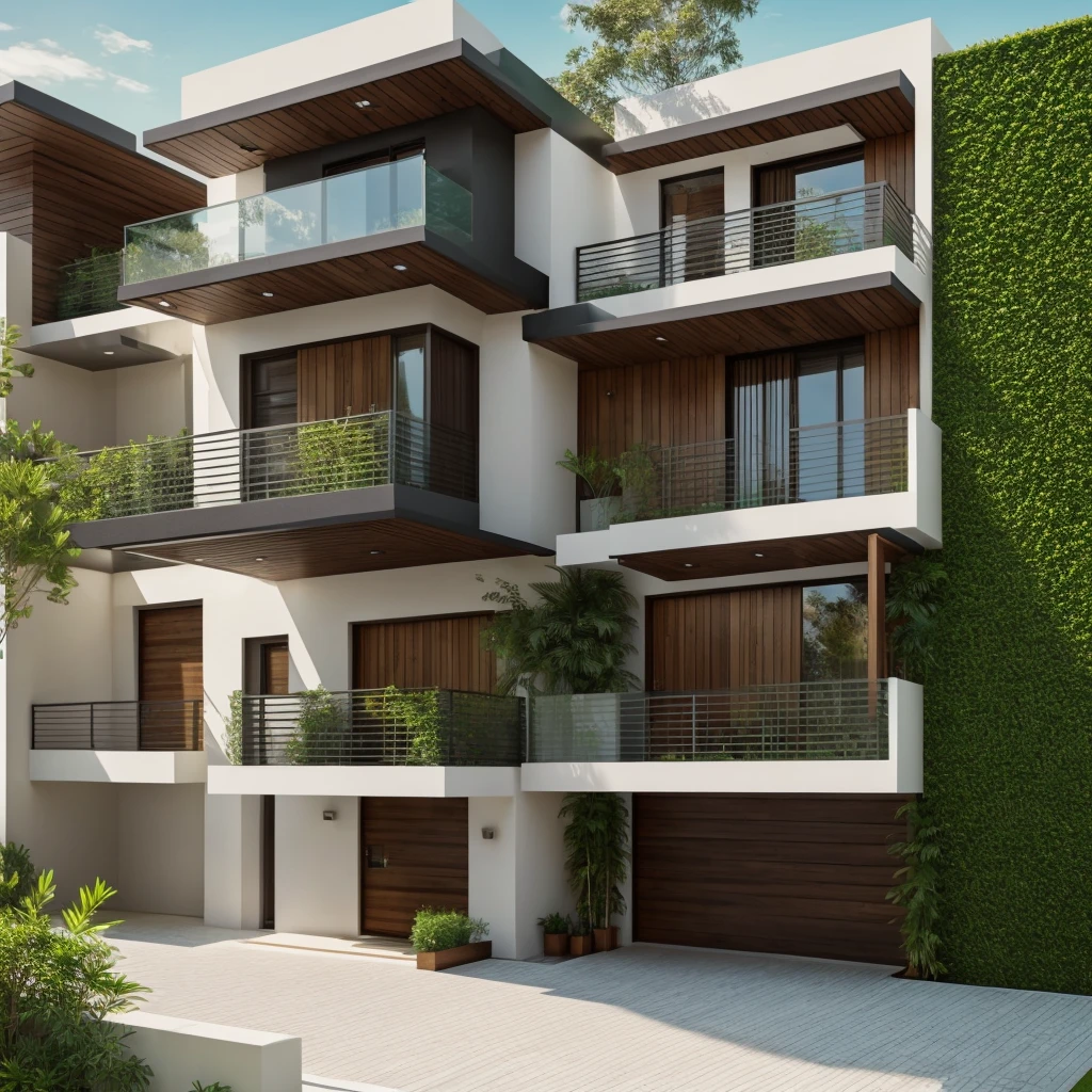 High-res modern townhouse facade, 5 meters wide, green wall, balcony, wooden cieling, sleek, contemporary, clean lines, minimalist, elegant, sophisticated
