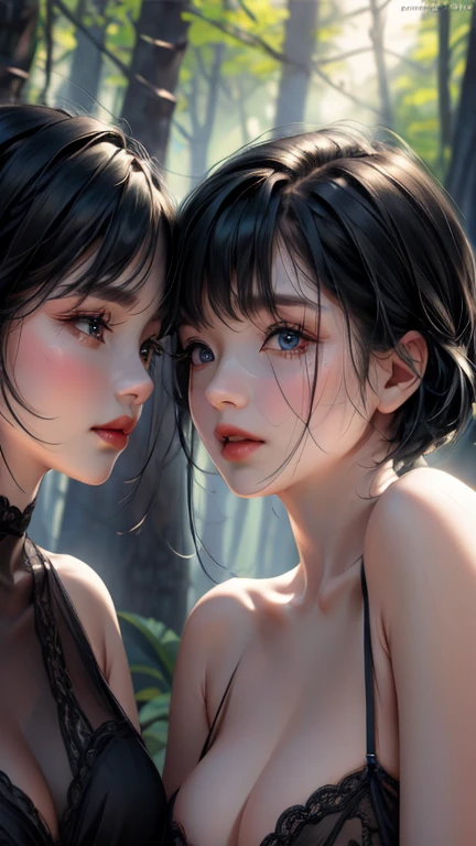 nsfw, masterpiece, best quality, ultra detailed, ((three mature beautiful lesbian women, caress each other)), A shy look, Half-open mouth, Bare skin glistening with sweat, bra and panties, in the forest, close-up to face, Portrait, 