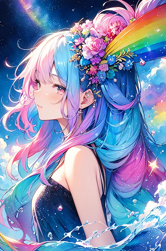 (masterpiece, Highest quality, Highest quality,watercolor (Moderate),Official Art, beautifully、beautiful:1.2),(1 Girl:1.3), (Fractal Art:1.3),Upper Body, From the side, Looking at the audience,pattern,(Rainbow Hair,colorful hair,Half blue、Half pink hair:1.2),water,liquid, cloud,colorful, Starry Sky,performer,