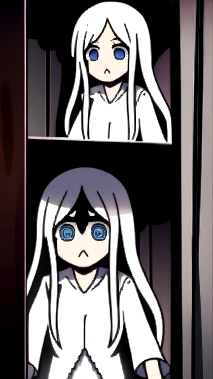 Anime, white hair, long hair, blue eyes, barefoot, white shirt, plain Gown, in a Haunted house horror, , kid, ,  body, horror cinematic, :<, scared, running with the goriest monster behind her