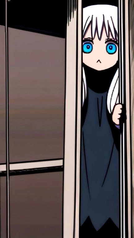 Anime, white hair, long hair, blue eyes, barefoot, white shirt, plain Gown, in a Haunted house horror, loli, kid, , body, horror cinematic, :<, scared, running with the goriest monster behind her