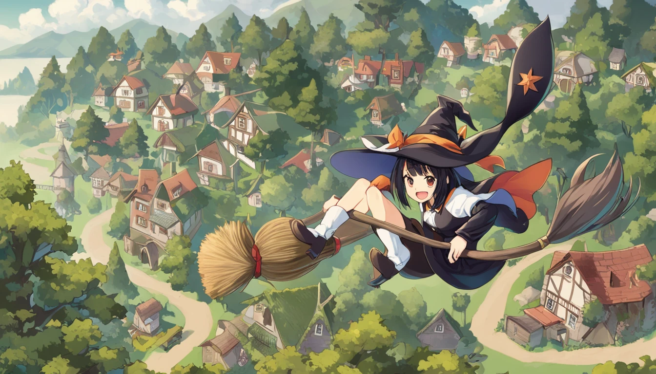 Woman flying in the air astride a broom,witch,Black Hair,Below are houses and forests.