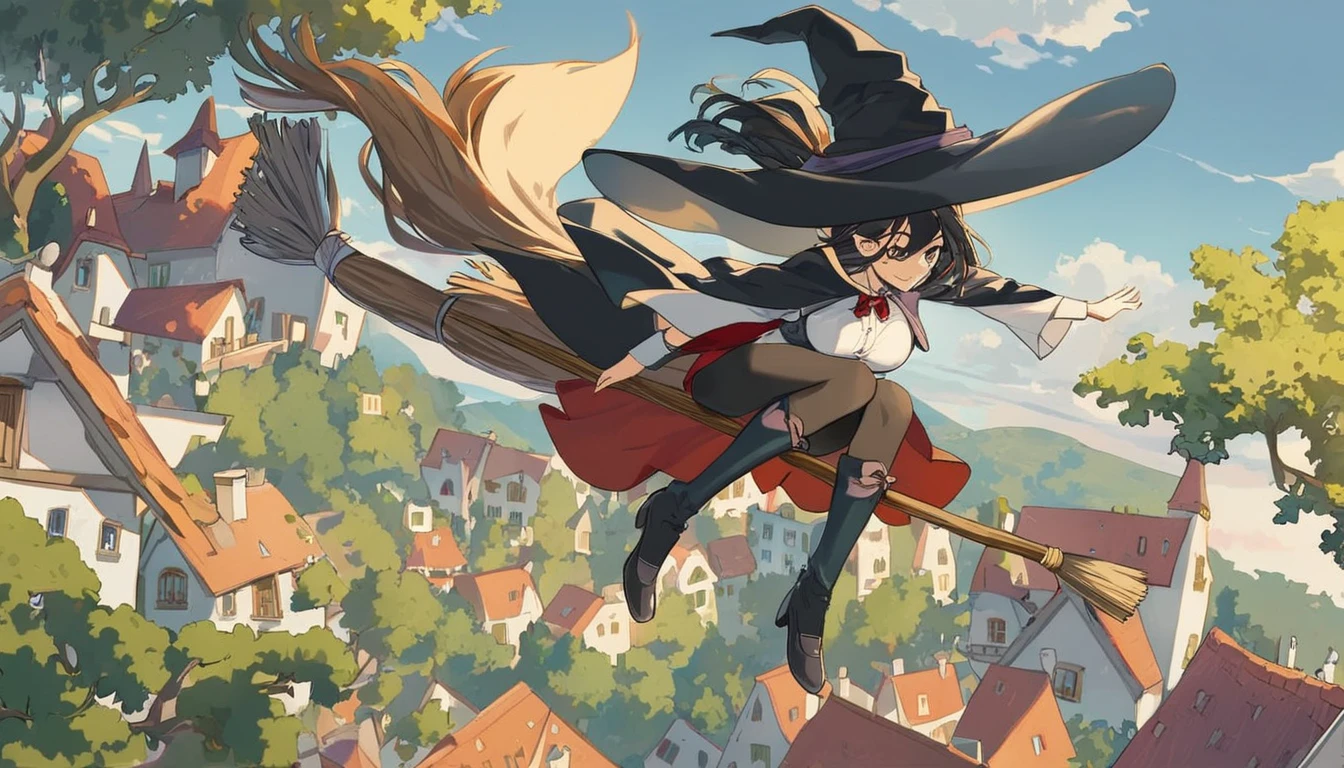 Woman flying in the air astride a broom,witch,Black Hair,Below are houses and forests.