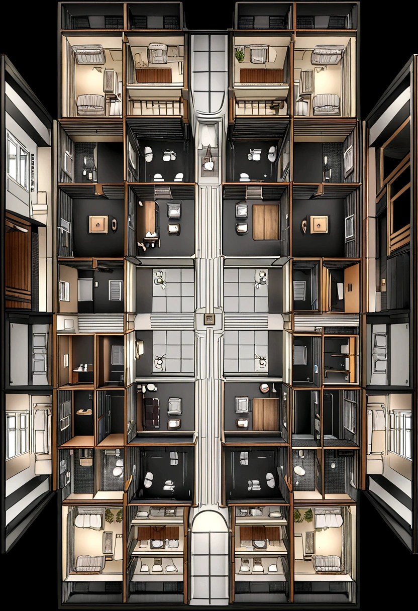 Floor plan of a 120m2 3D restaurant with space divisions, in high resolution 4K