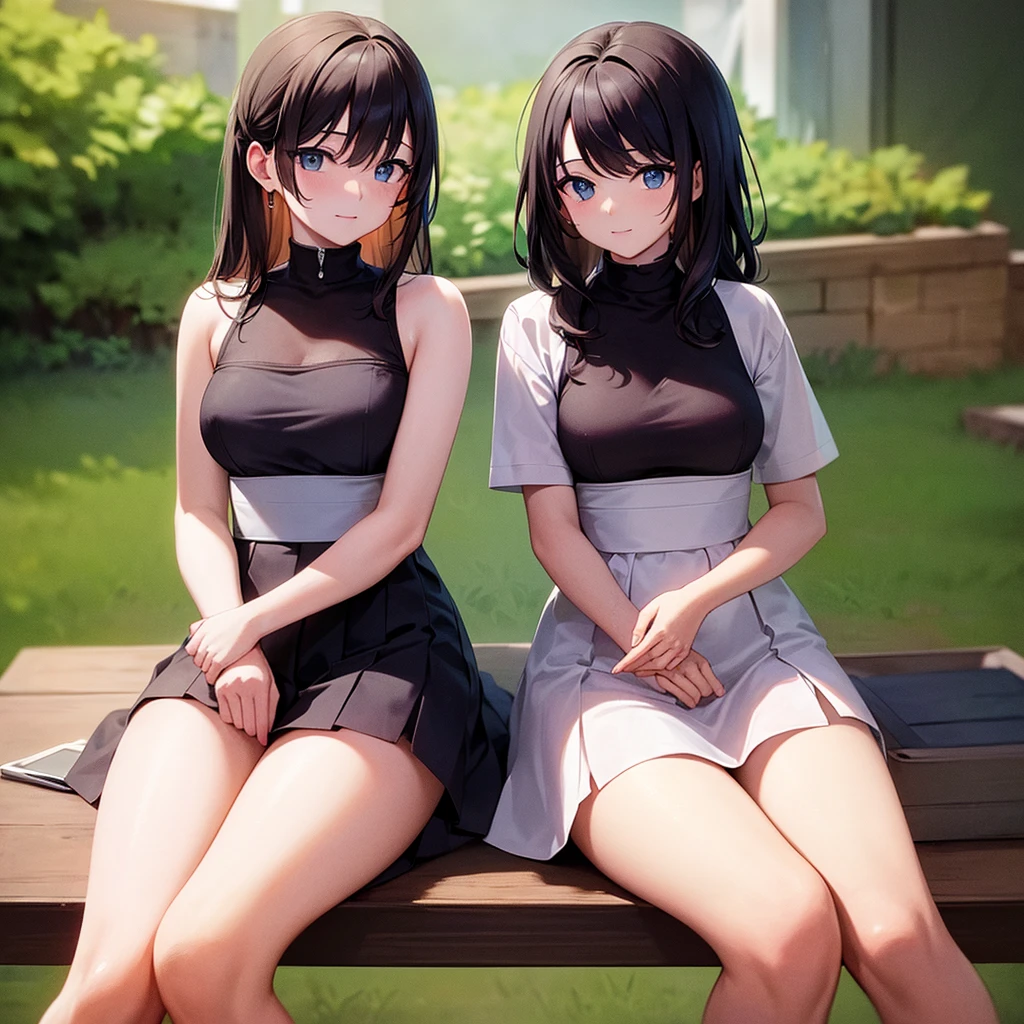 2girls all_fours anus ass bangs black_hair blanket blue_dress blue_eyes blurry blurry_foreground bottomless breasts brown_hair cleft_of_venus collarbone dark-skinned_female dark_skin dress eye_contact face-to-face flower grass kiss looking_at_another lying maid maid_headdress multiple_girls navel nipples nude on_back outdoors ponsuke_(pon00000)_(style) pussy red_eyes short_hair sleeveless small_breasts thighhighs yuri zankuro_(style)