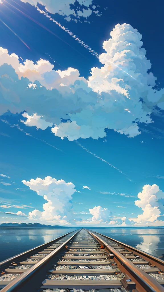 ((Highest quality)), ((High resolution)), ((masterpiece)), (detailed), (photograph), (From below:1.1),
landscape, (Straight railroad tracks underwater),
Blue sky reflected on the beautiful water surface, Cumulonimbus clouds reflected on the water,