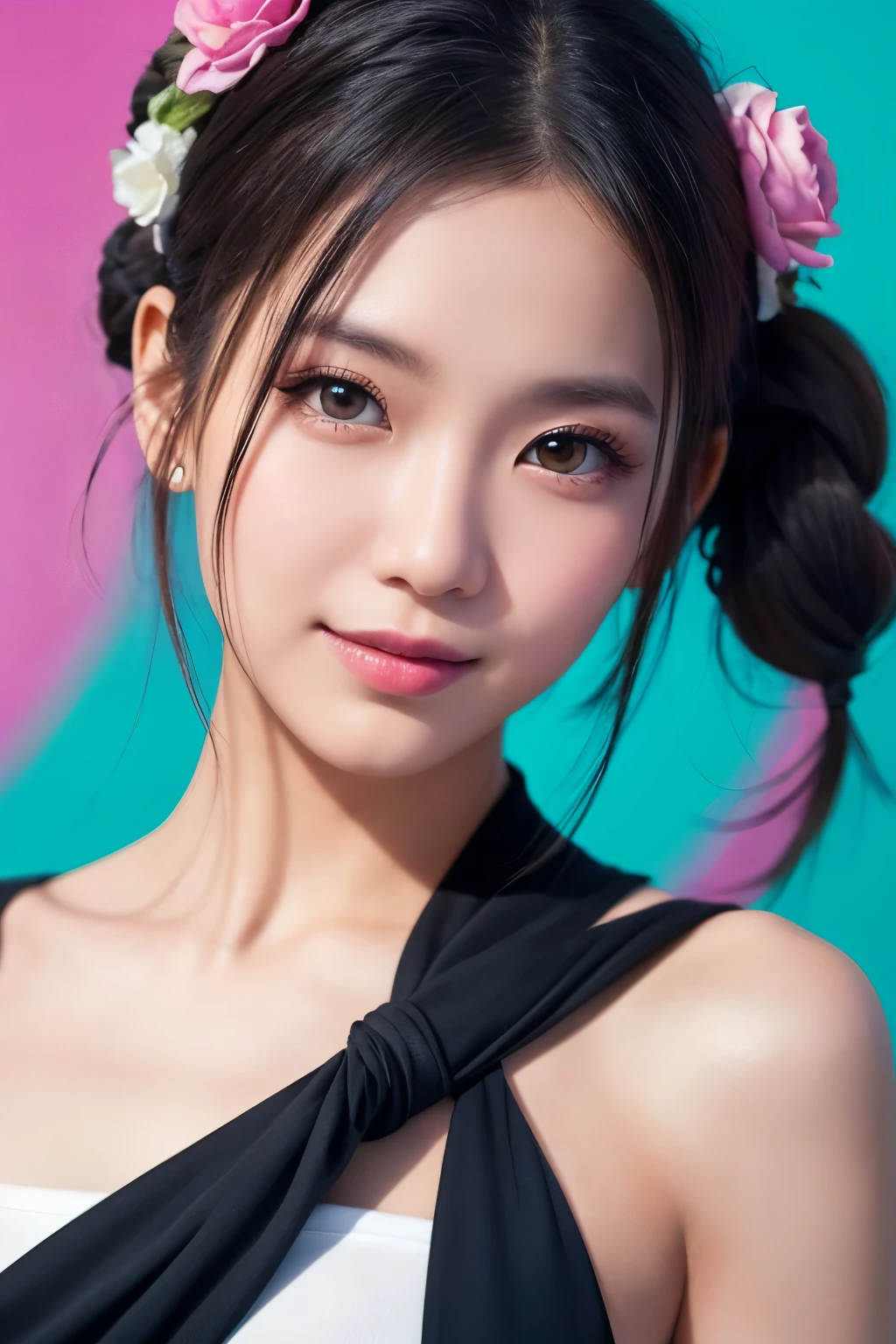 high quality, High resolution, masterpiece, completion, detailed.impressive, Cutting-edge female photography portraits, Showcasing a bold and daring street-art style. Facing forward、A gentle smile、Soft look, cyan, and purple, Her vibrant makeup really catches the eye.. Her colorful hair is tied up high, Simple T-shirt、 Blue and pink hues in harmony. 背景には蛍光クロムイエローand purpleの魅惑的なグラデーションが施されています, Blends seamlessly with the dynamic colors of your subject. This powerful combination of hyper-detailed realism and artistic expression creates a vivid, An unforgettable image. The New York Times background adds sophistication and depth.