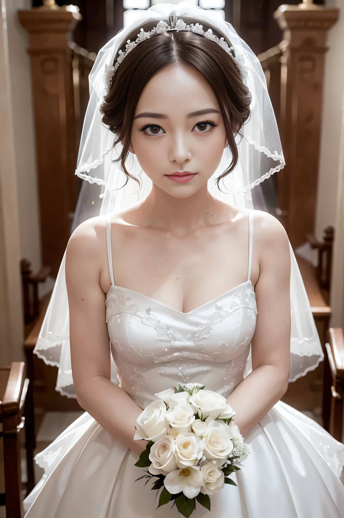  ((alone)), alone, bride, Wearing a white wedding dress, Queen, Happy, ((Show your forehead)), Are standing, Entering the Church, delicate, young,  Detailed face, High resolution, ((whole body)), (Flowers around her), whole body, she is a beautiful woman getting married, High quality face, beautiful, Shine