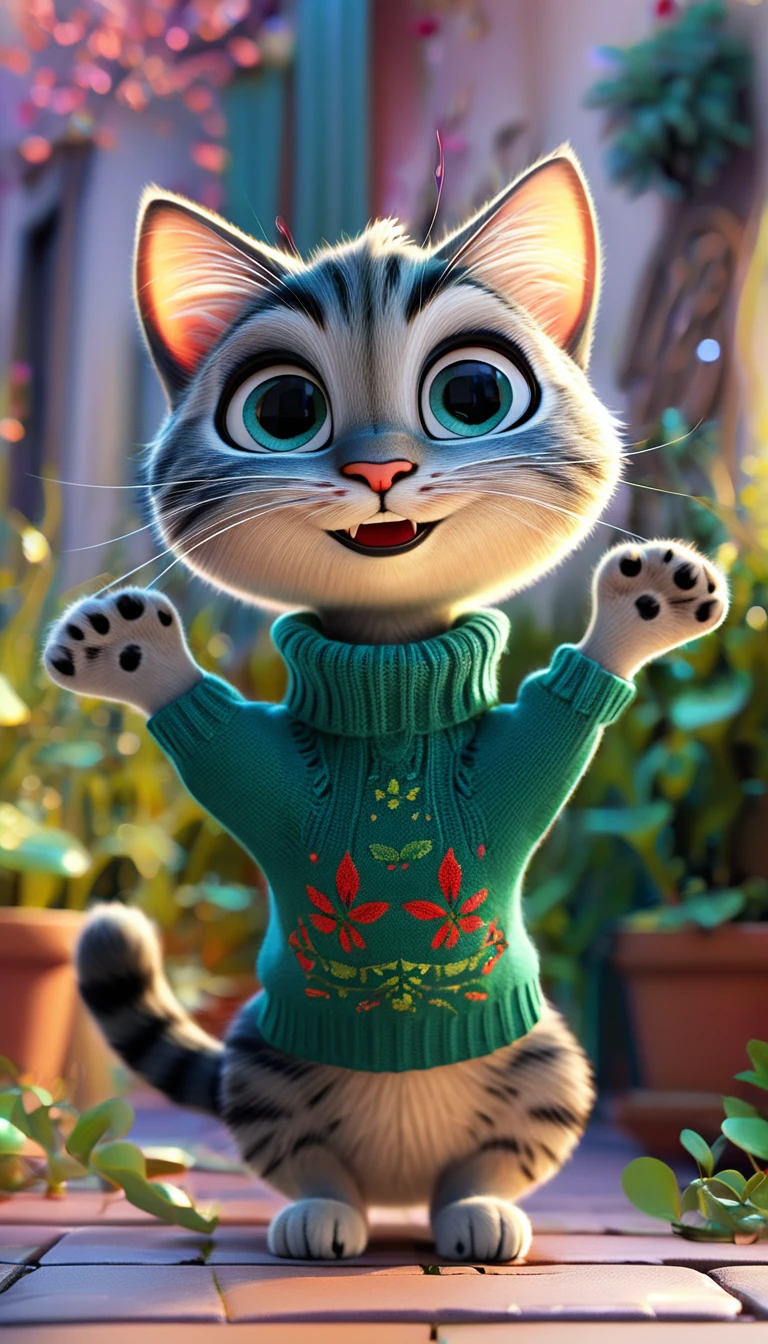 cute cat, cartoon, arms, sweater, cute eyes, looking at viewer, hands up
