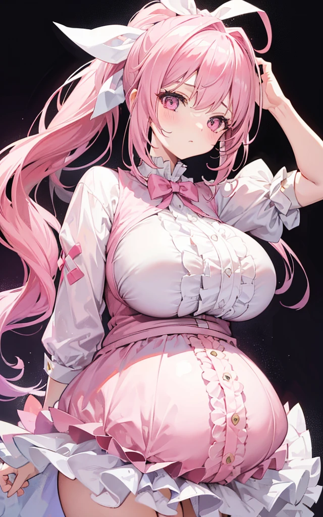 1 girl, Pink Hair, Long double ponytail, Pink shirt, Fluffy collar, White fluffy skirt, Use your hands to control your heart, White ribbon on hair, Lots of hair accessories, ta,(Pregnant,Huge breasts:1.8)