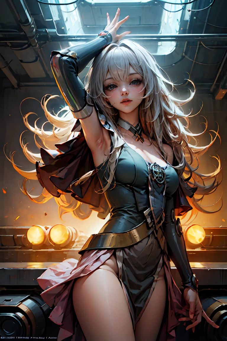 Masterpiece, The best quality,
1Girl Dark Wizard Gils, only, long hair, blond hair, photorealistic, 
(Beautiful finely detailed eyes: 1.2),open clothing, bright Eyes, shiny hair, Glossy skin, Metal construction, wires and cables, (bright Eyes), (mechanical arms), Science fiction,(Large mecha arm),cowboy shot, energy tank,