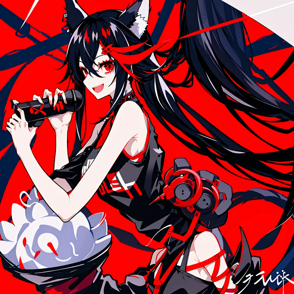 1girl、Illustrations where the face is clearly visible、Composition from the shoulders up、high resolution、High Quality、smile、Hairstyle with a long neckline、Black hair with red mesh、Wolf Ears、Black tank top、Hand holding a skeleton microphone、Fewer fingers、Less arms、Facing forward、