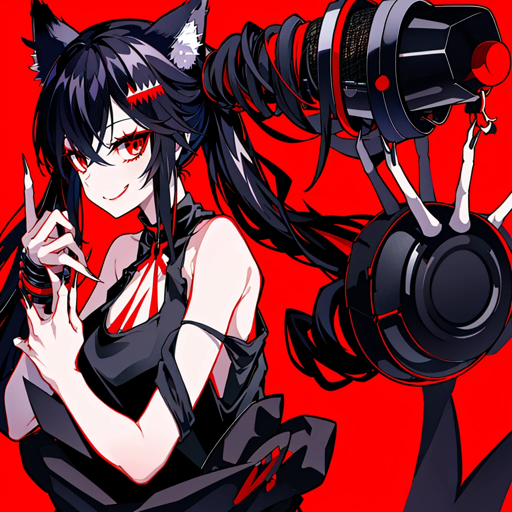1girl、Illustrations where the face is clearly visible、Composition from the shoulders up、high resolution、High Quality、smile、Hairstyle with a long neckline、Black hair with red mesh、Wolf Ears、Black tank top、Hand holding a skeleton microphone、Fewer fingers、Less arms、Facing forward、