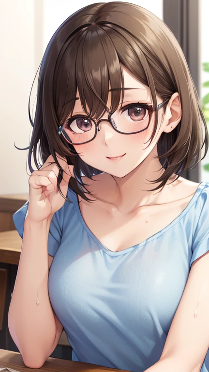 anegasaki nene、Shiny brown hair, short hair, Beautiful brown eyes、smile、Sparkling eyes, (Fine grain)、Ultra-detailed eyes、Highly detailed face, Highly detailed eyes,


((Tabletop、High resolution、masterpiece、 最high quality, High resolution, Hmph, Pixel perfect, 4K, Hmph, Hmph))), 
Face Focus、

(high quality, High resolution, Fine details), (Put your elbows on the desk,Beautiful collarbone), (Thin frameless glasses), alone, Curvaceous mature woman, Sparkling eyes, (Fine grain:1.2), smile, blush, Sweat, Oily skin, Look straight ahead, Soft tones, Shallow depth of field
