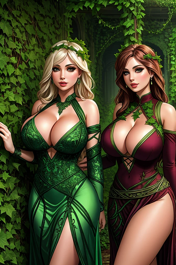 sexy druidess, overgrown ruins, vines ivy and holly, cleavage