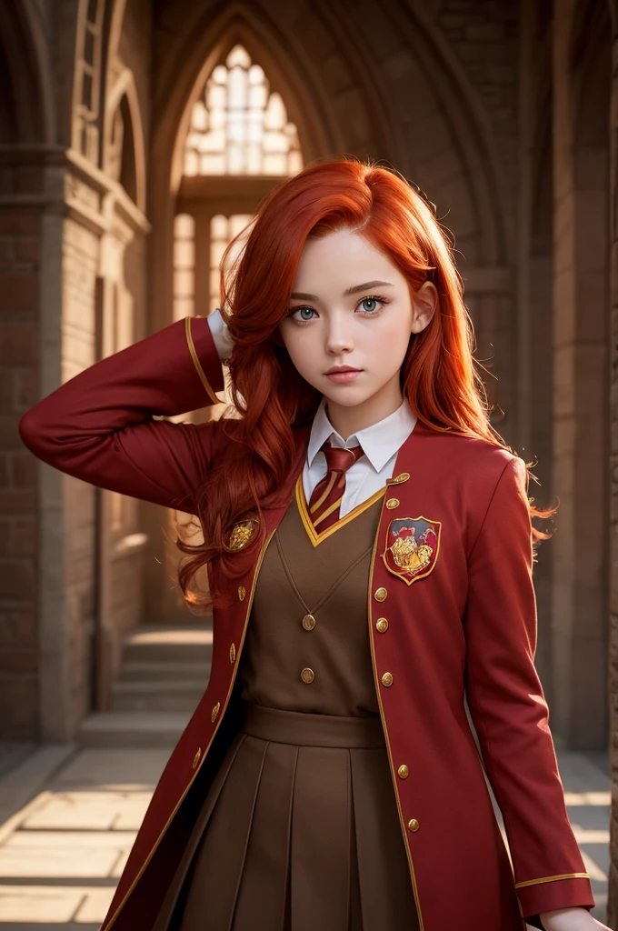 A girl with bright, flaming red hair, light brown eyes and a Gryffindor Hogwarts uniform.