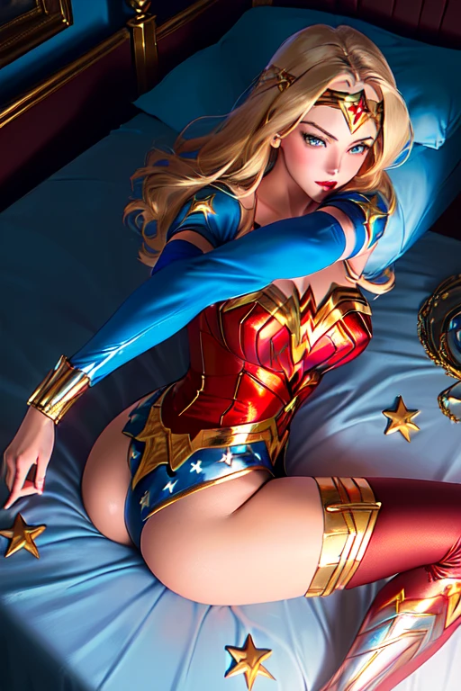   (tanned young woman), (( Short blonde hair, red lipgloss stick, blue colored eyes)), (( ( cosplay de wonder woman estilo lynda carter ), red corset with gold details, golden bracelets and tiara, blue sexy panties with white stars stuck in the ass))  (( , perfectbody, perfectly shaped breasts, hardnipples )),苗条, smile cute, ((lying on her bed dela, stretching sensually, )) ,  (( lying on her bed, looking at the camera Aerial view))  Masterpiece artwork, high qualiy, rear lighting ))