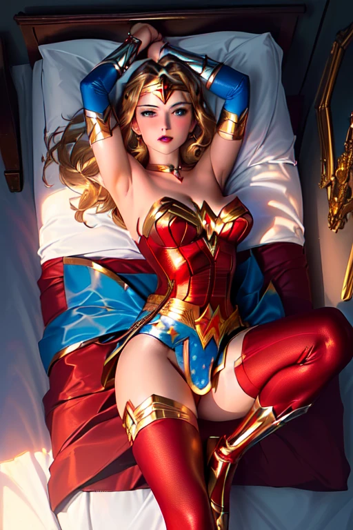 (tanned young woman), (( Short blonde hair, red lipgloss stick, blue colored eyes)), (( ( cosplay de wonder woman estilo lynda carter ), red corset with gold details, golden bracelets and tiara, blue sexy panties with white stars stuck in the ass)) (( , perfectbody, perfectly shaped breasts, hardnipples )),苗条, smile cute, ((lying on her bed dela, stretching sensually, )) , (( lying on her bed, looking at the camera Aerial view)) Masterpiece artwork, high qualiy, rear lighting ))