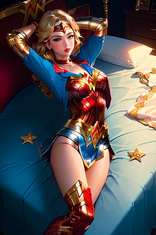   (tanned young woman), (( Short blonde hair, red lipgloss stick, blue colored eyes)), (( ( cosplay de wonder woman estilo lynda carter ), red corset with gold details, golden bracelets and tiara, blue sexy panties with white stars stuck in the ass))  (( , perfectbody, perfectly shaped breasts, hardnipples )),苗条, smile cute, ((lying on her bed dela, stretching sensually, )) ,  (( lying on her bed, looking at the camera Aerial view))  Masterpiece artwork, high qualiy, rear lighting ))