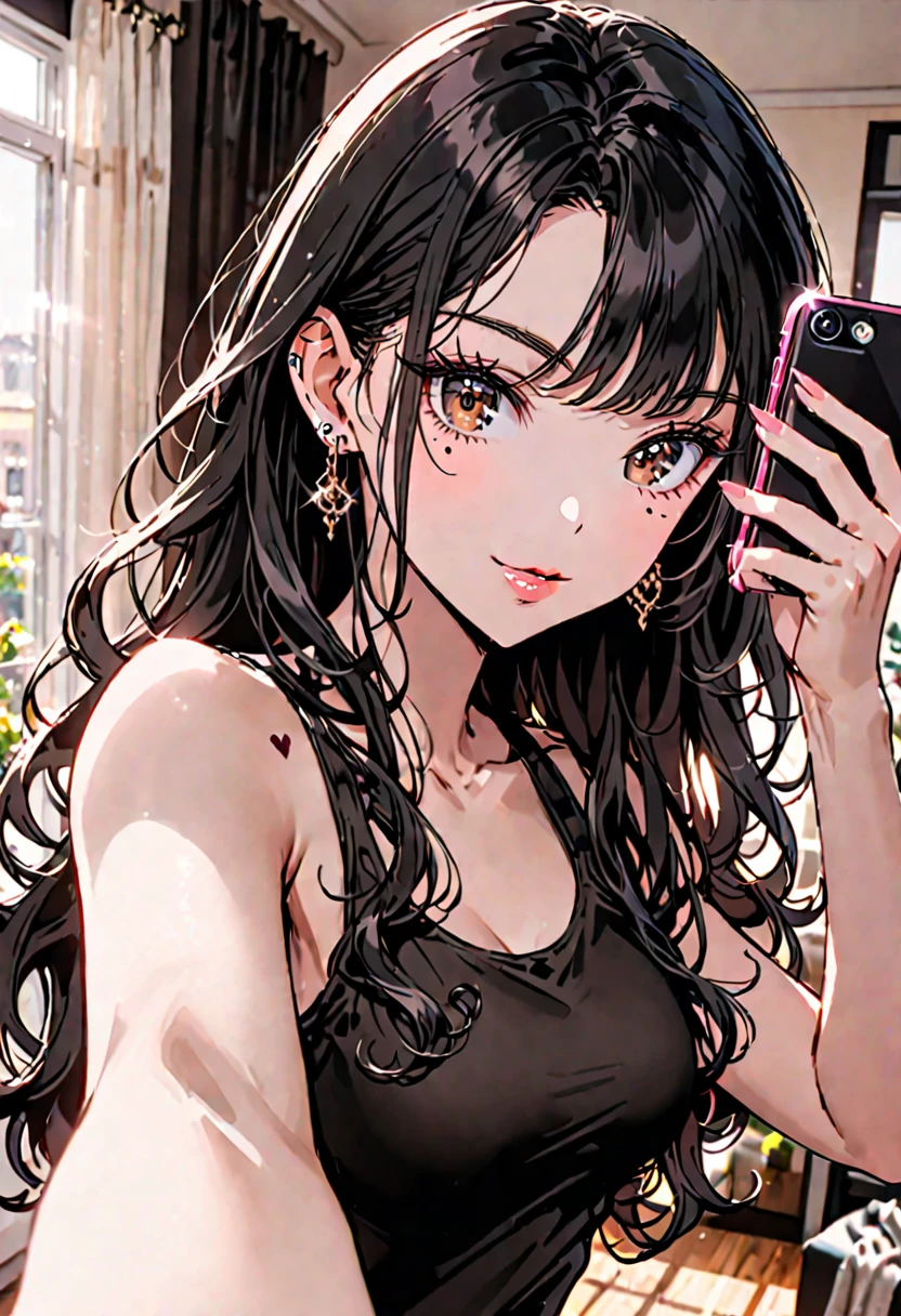 female, long black hair, wavy hair, brown eyes, tight tank-top, smile, cellphone, luxurious, indoors, home, smile, beauty mark, ((puckered lips)), v fingers, (((taking selfie))), earrings, cute pose, looking at cellphone