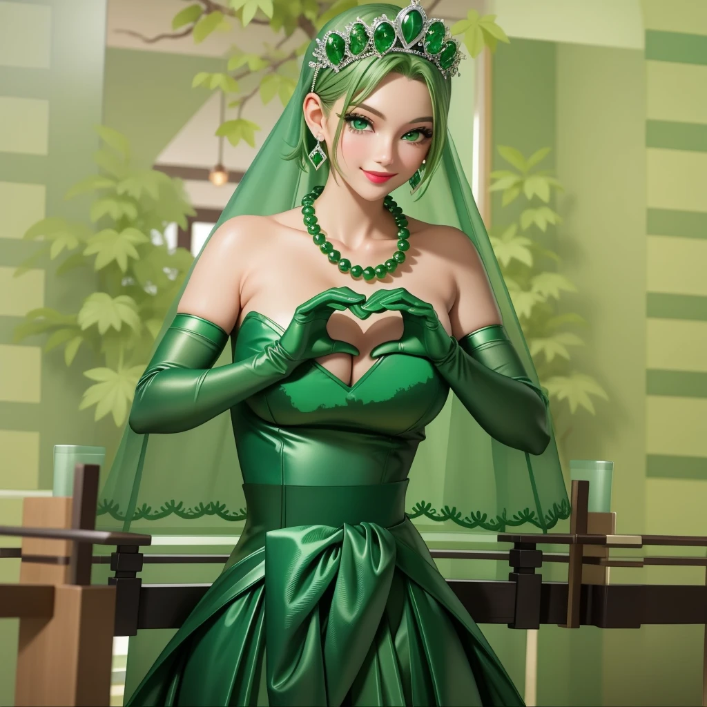 Emerald tiara, Green Pearl Necklace, ボーイッシュな非常に短いGreen Hair, Green Lips, Smiling Japanese woman, Very short hair, Busty beautiful lady, Green Eyes, Green satin long gloves, Green Eyes, Emerald Earrings, Green veil, Heart with both hands, Green Hair, Beautiful Japanese Women, Heart shaped hands:1.3, green lip gloss