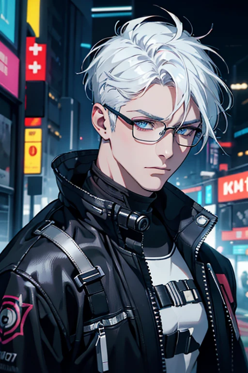 Raw 16k ultra HD Vivid colors ultra masterpiece, 1.12), Describe the emotions captured in the close-up of a white-haired man's face, impeccable haircut and glasses, sporting a well-groomed white beard, while wearing a jacket inspired by the game Cyberpunk 2077. The setting reflects the game's dystopian futuristic environment, with elements characteristic of the city of Cyberpunk 2077.